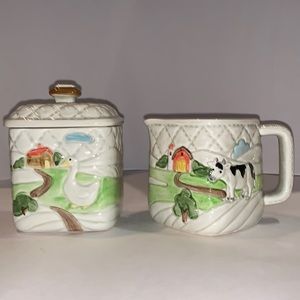 Vintage Otagiri 1982 Quilted Farm Theme  Cream & lidded Sugar Set
